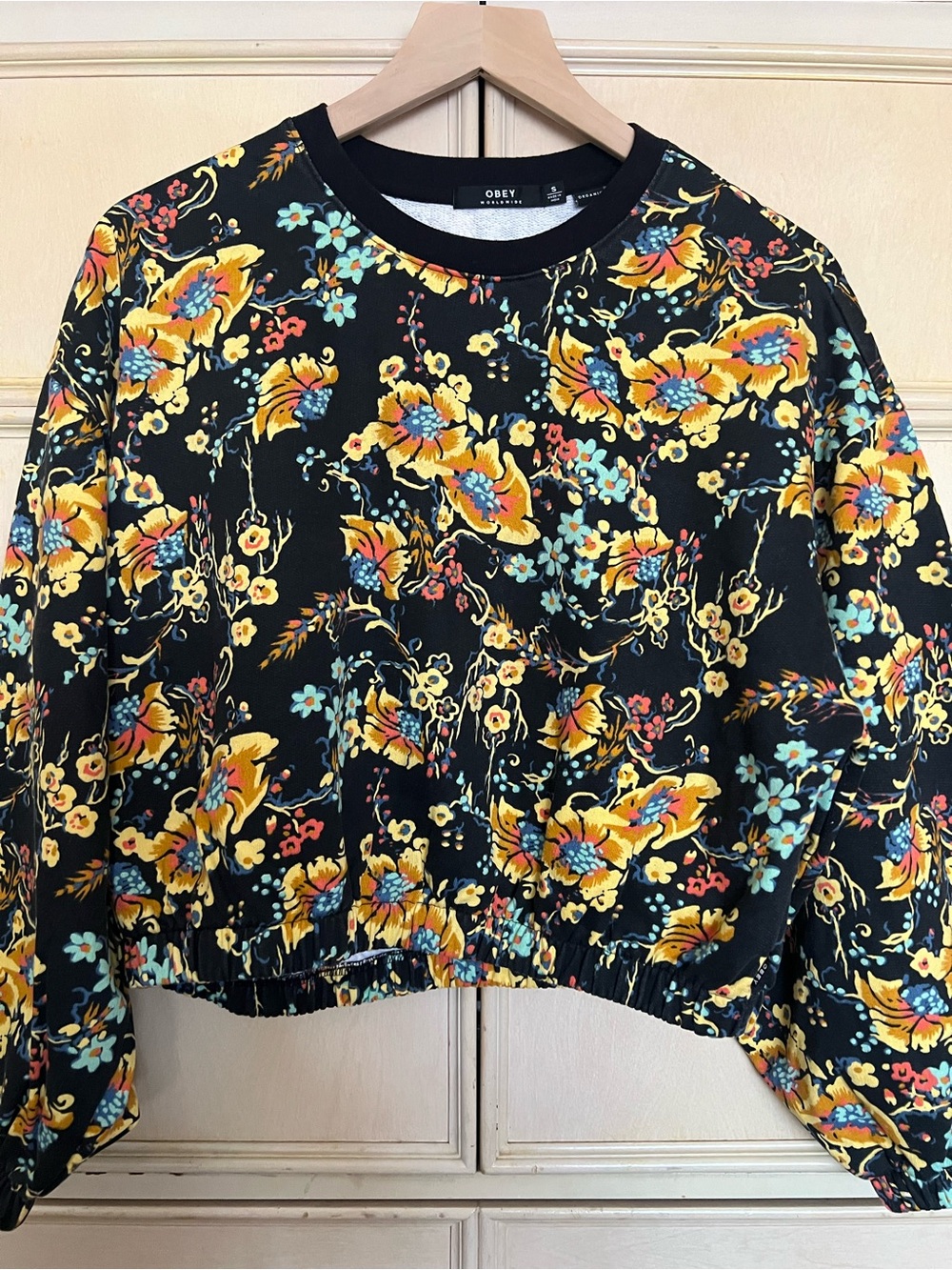 Obey Black Crewneck with Yellow & Aqua Floral Print